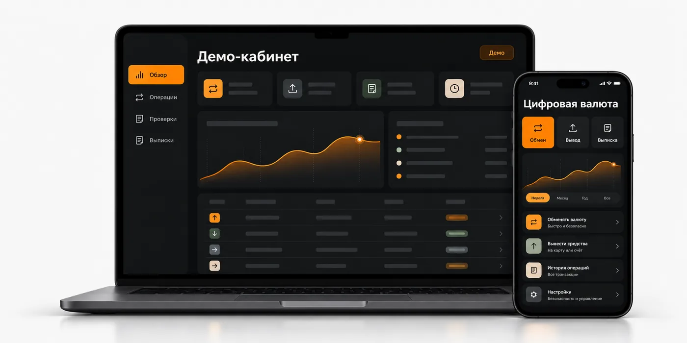 Демонстрационный кабинет оператора на ноутбуке и раздел цифровой валюты в мобильном приложении